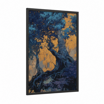 Golden Olive Tree framed forest trees print — black wood frame — dark blue and yellow gold palette