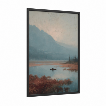 Misty Mountain Kayak framed kayaks and canoes print — black wood frame — blue and russet palette