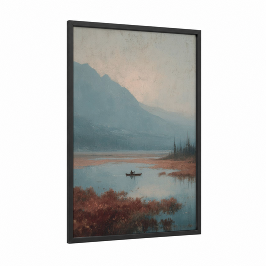 Misty Mountain Kayak framed kayaks and canoes print — black wood frame — blue and russet palette