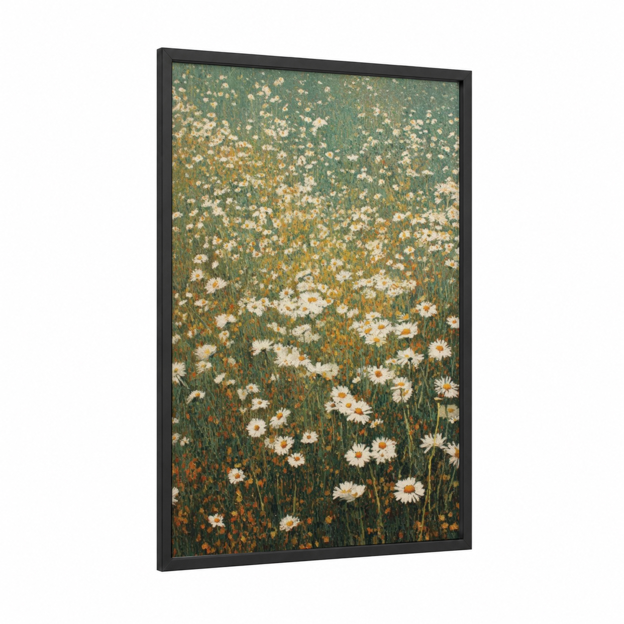 Daisy Meadow framed art print — black wood frame — sage green and cream palette