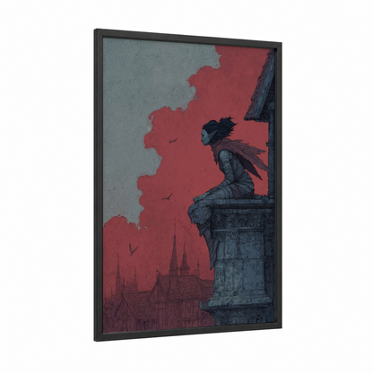 Rooftop Sentinel framed elf print — black wood frame — red and black and white palette