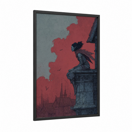 Rooftop Sentinel framed elf print — black wood frame — red and black and white palette