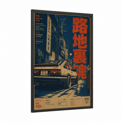 Retro Tokyo Street Sports Car Wall Art framed art print — black wood frame — orange and denim palette