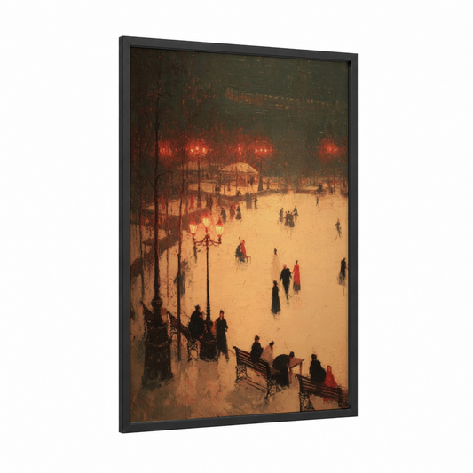 Snowy Evening Skaters framed ice skating print — black wood frame — gold and maroon palette