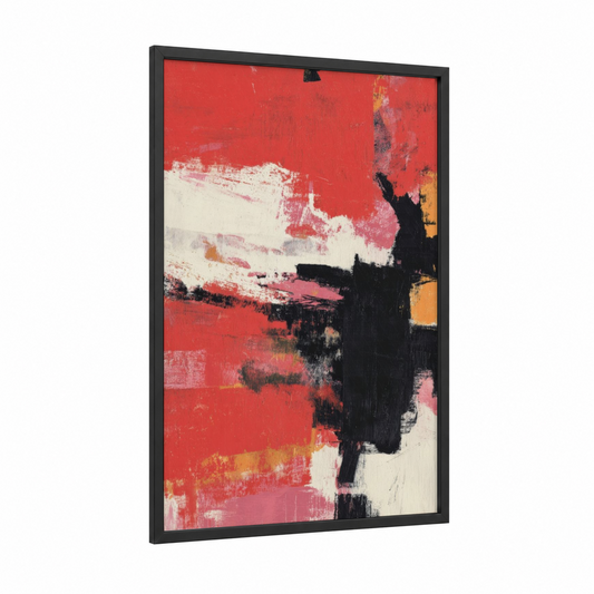Crimson Horizon framed abstract expressionism print — black wood frame — red and black and white palette