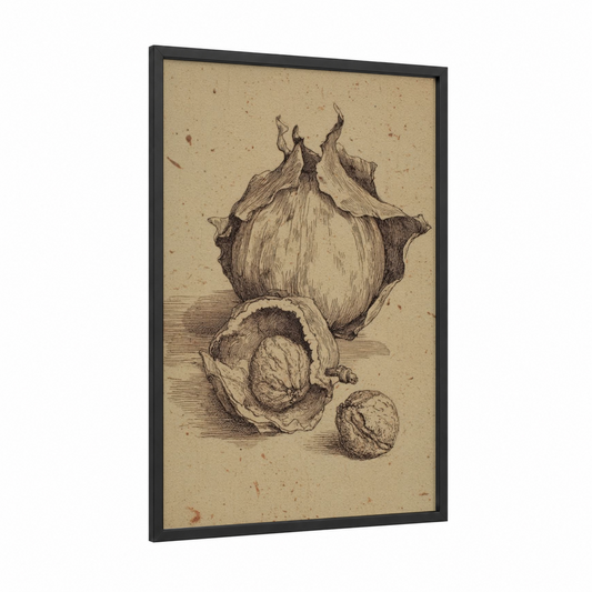 Garlic Study framed herbs and spices print — black wood frame — beige and black and white palette
