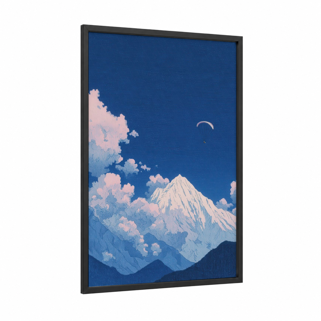 Alpine Paraglider framed paragliding print — black wood frame — royal blue and white palette