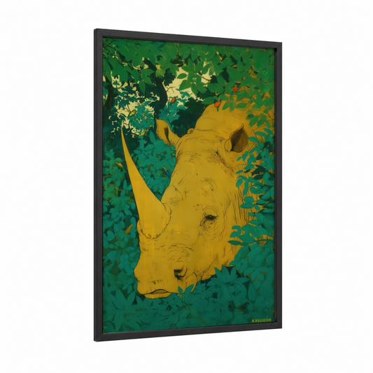 Golden Rhino framed art print — black wood frame — yellow gold and true green palette