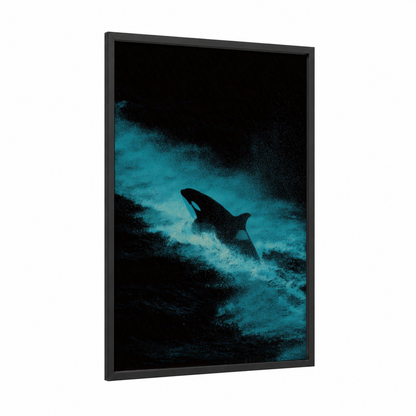 Luminous Orca framed orca whale print — black wood frame — turquoise and black palette