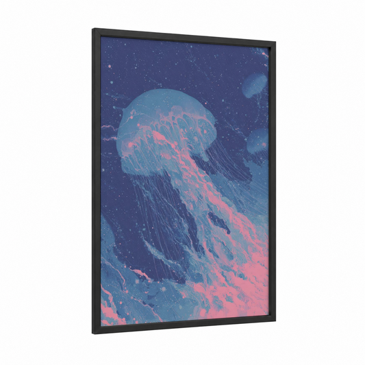 Cosmic Jellyfish framed nebula print — black wood frame — blue and salmon pink palette