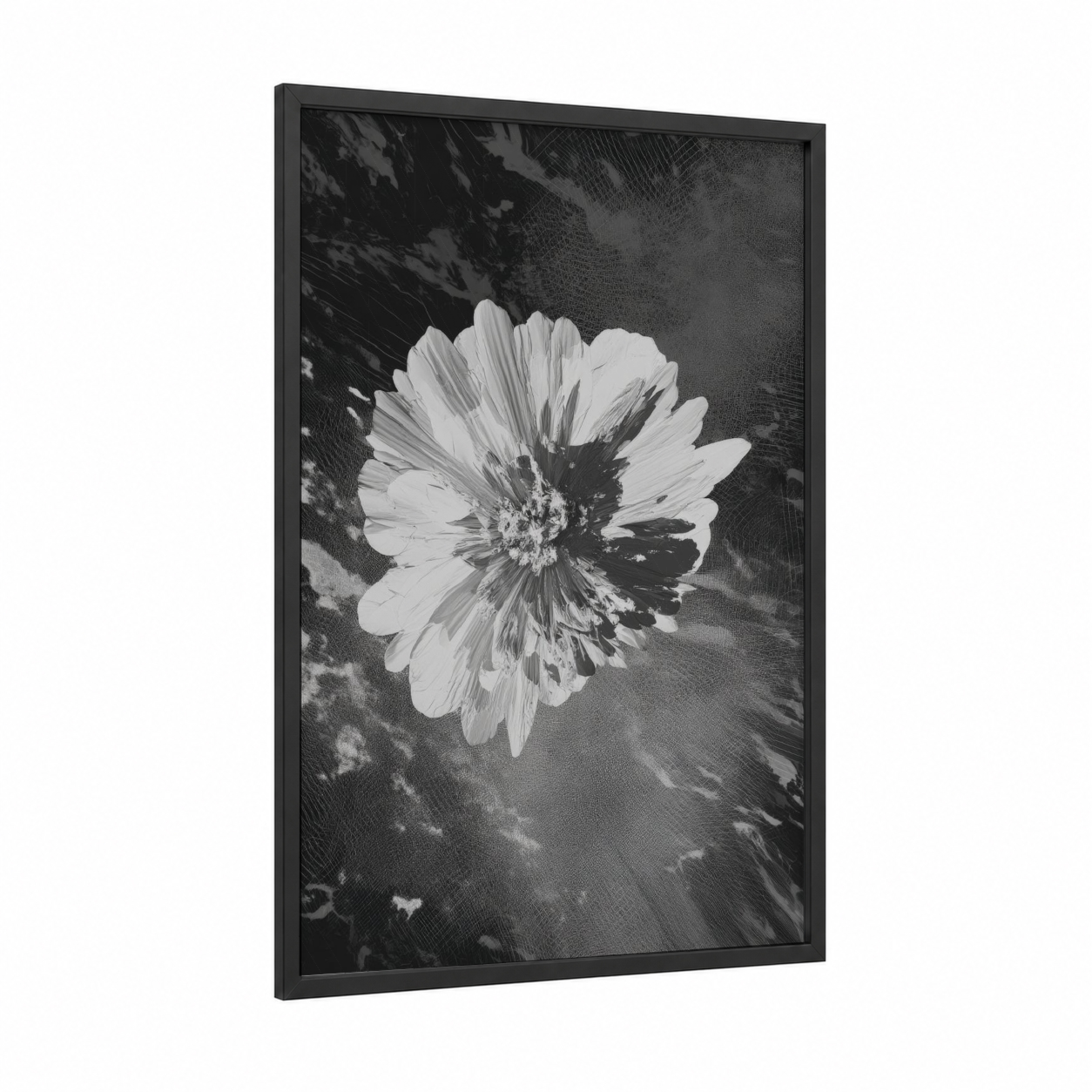 Monochrome Bloom framed abstract flower print — black wood frame — black and white palette