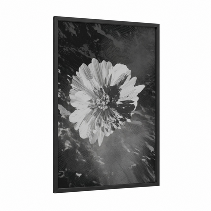 Monochrome Bloom framed abstract flower print — black wood frame — black and white palette