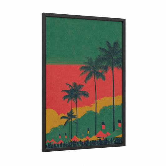 Reggae Festival Vibes framed art print — black wood frame — true green and red palette