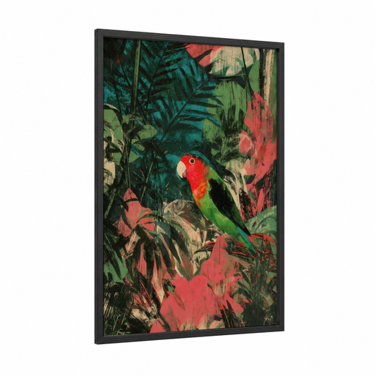 Crimson Macaw Jungle framed safari parrots print — black wood frame — red and green palette