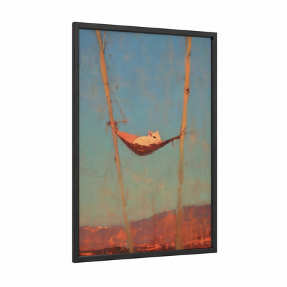 Sunset Gerbil framed art print — black wood frame — gold and blue palette
