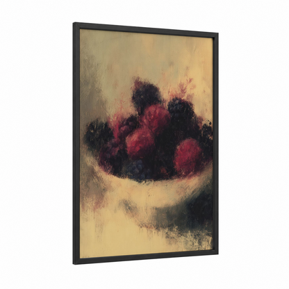 Blackberry Bowl framed fruit print — black wood frame — cream and maroon palette