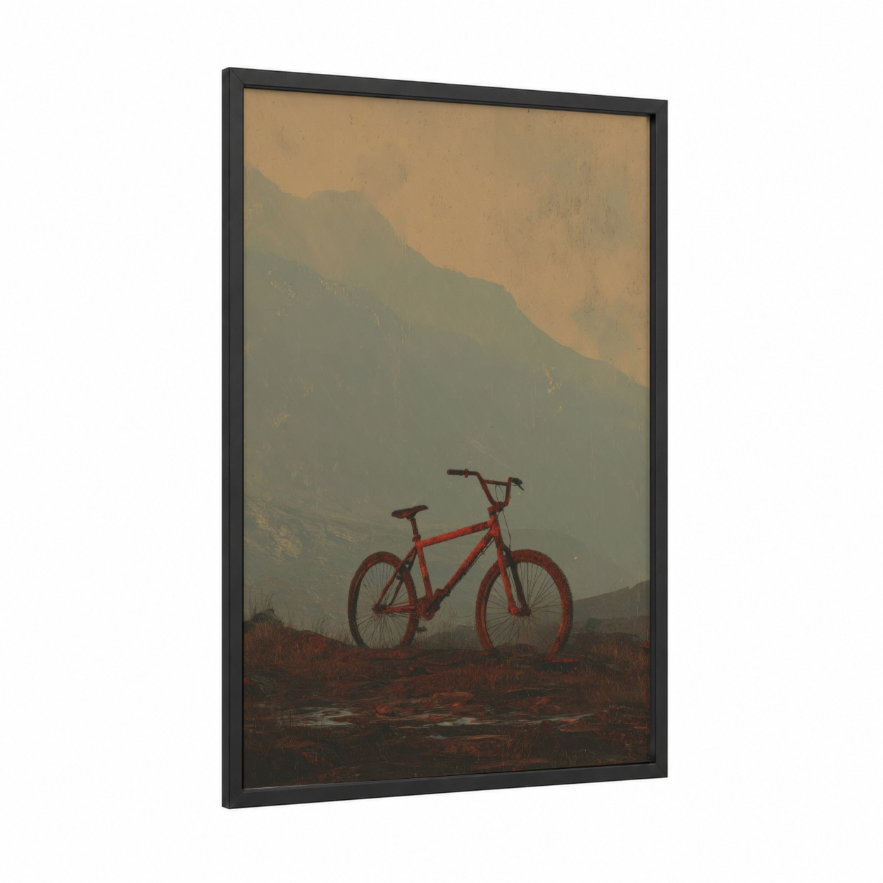 Red Bicycle Mountains framed urban bicycle print — black wood frame — russet and sage green palette