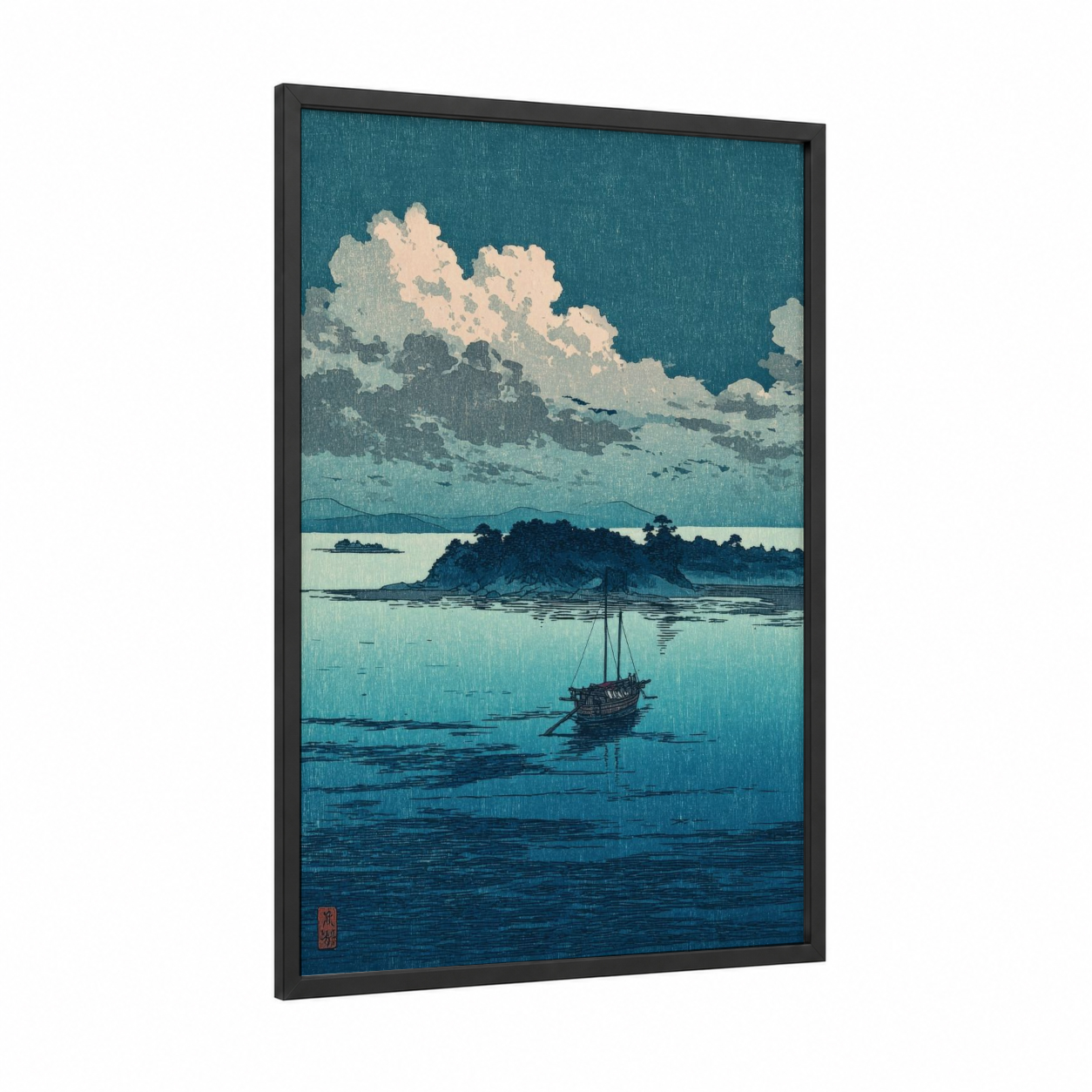 Solitary Seascape framed seascapes and ocean print — black wood frame — teal and cream palette