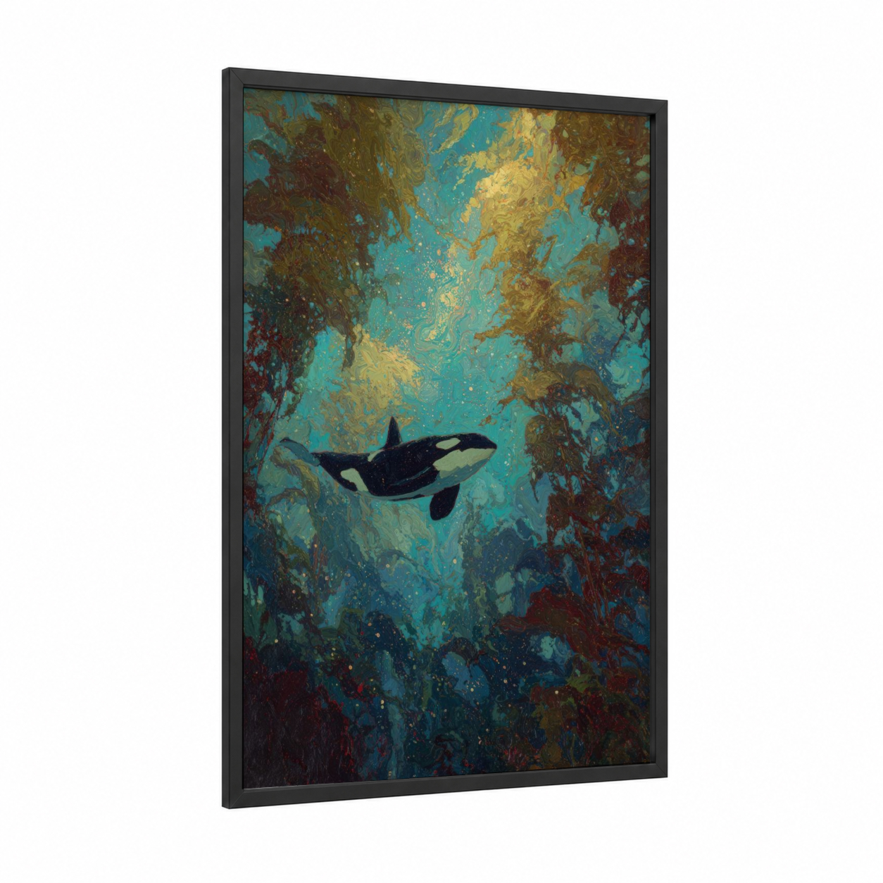 Ethereal Orca framed orca whale print — black wood frame — teal and yellow gold palette