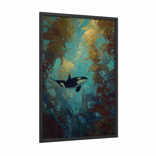 Ethereal Orca framed orca whale print — black wood frame — teal and yellow gold palette