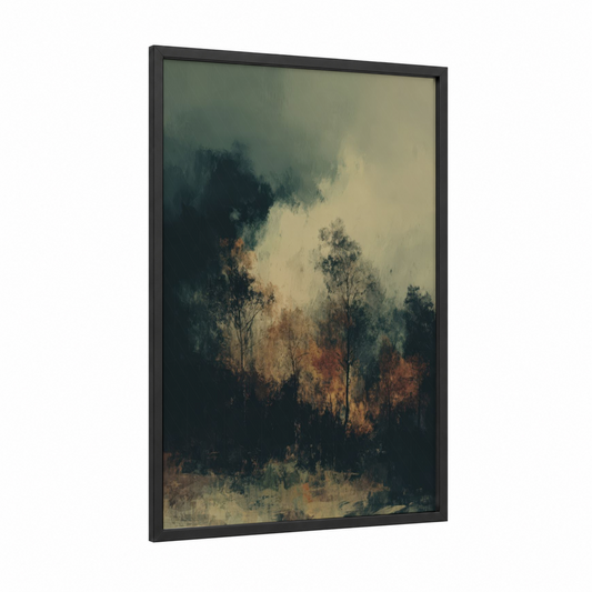 Misty Forest Depth framed forest trees print — black wood frame — teal and brown palette