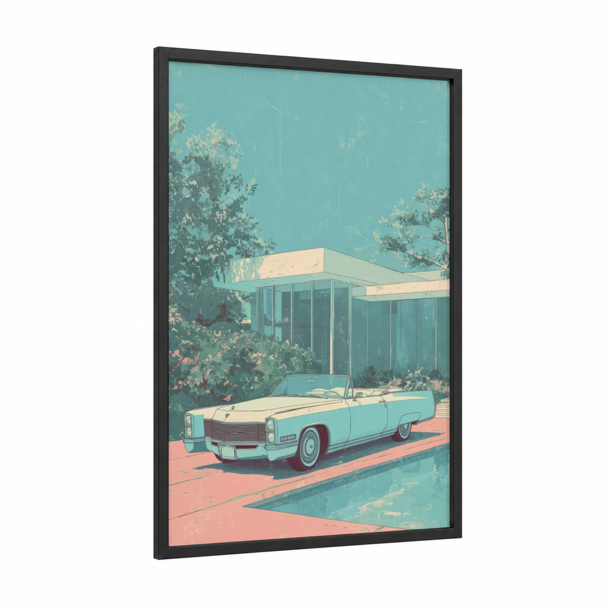 Turquoise Cadillac framed classic car print — black wood frame — turquoise and peach palette