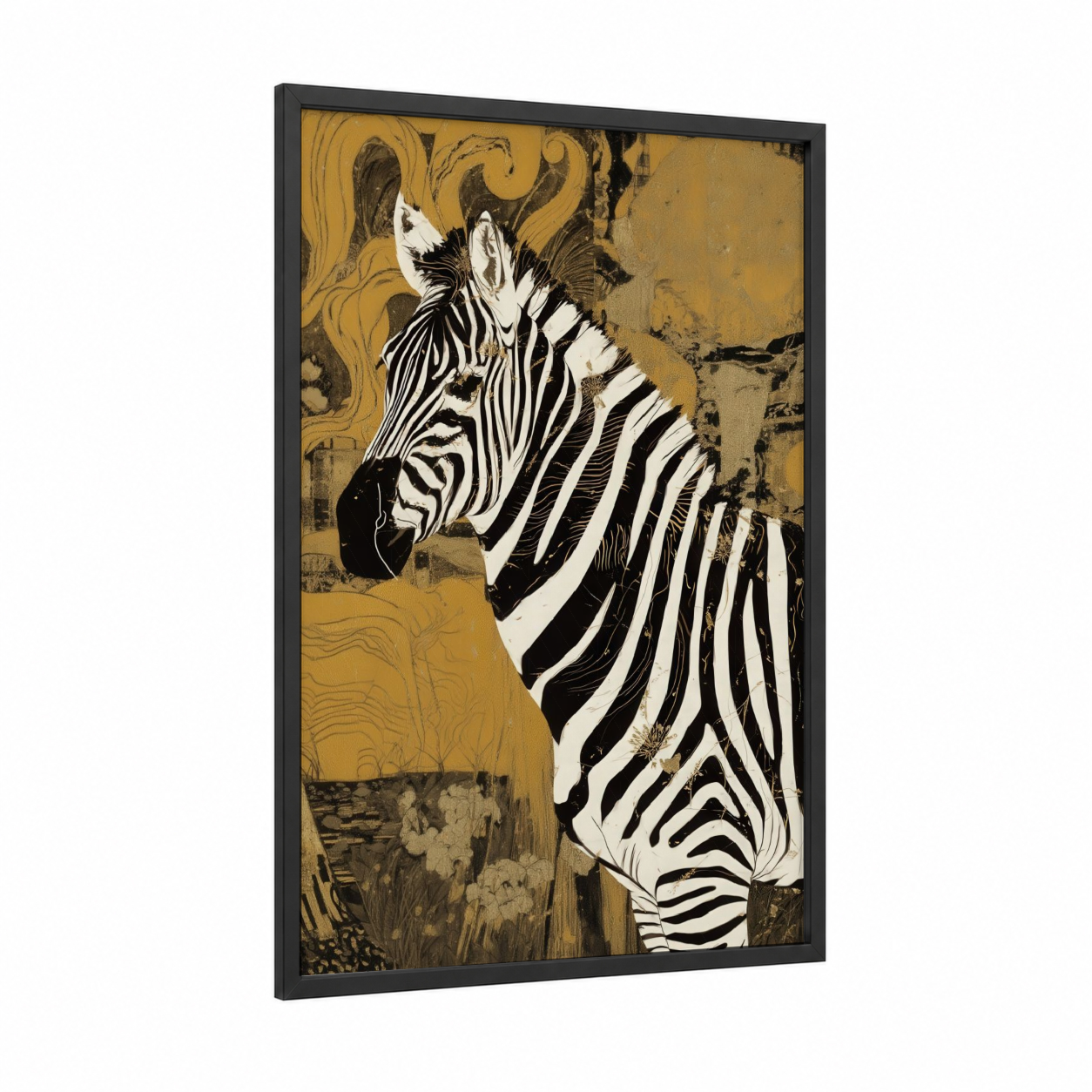 Golden Zebra framed art print — black wood frame — gold and black and white palette