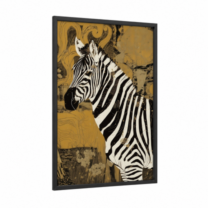 Golden Zebra framed art print — black wood frame — gold and black and white palette