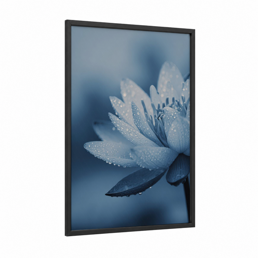 Dewdrop Lotus framed art print — black wood frame — blue and white and dove gray palette