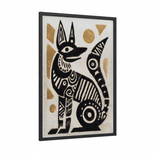 Anubis Guardian framed abstract traditional print — black wood frame — black and white and gold palette
