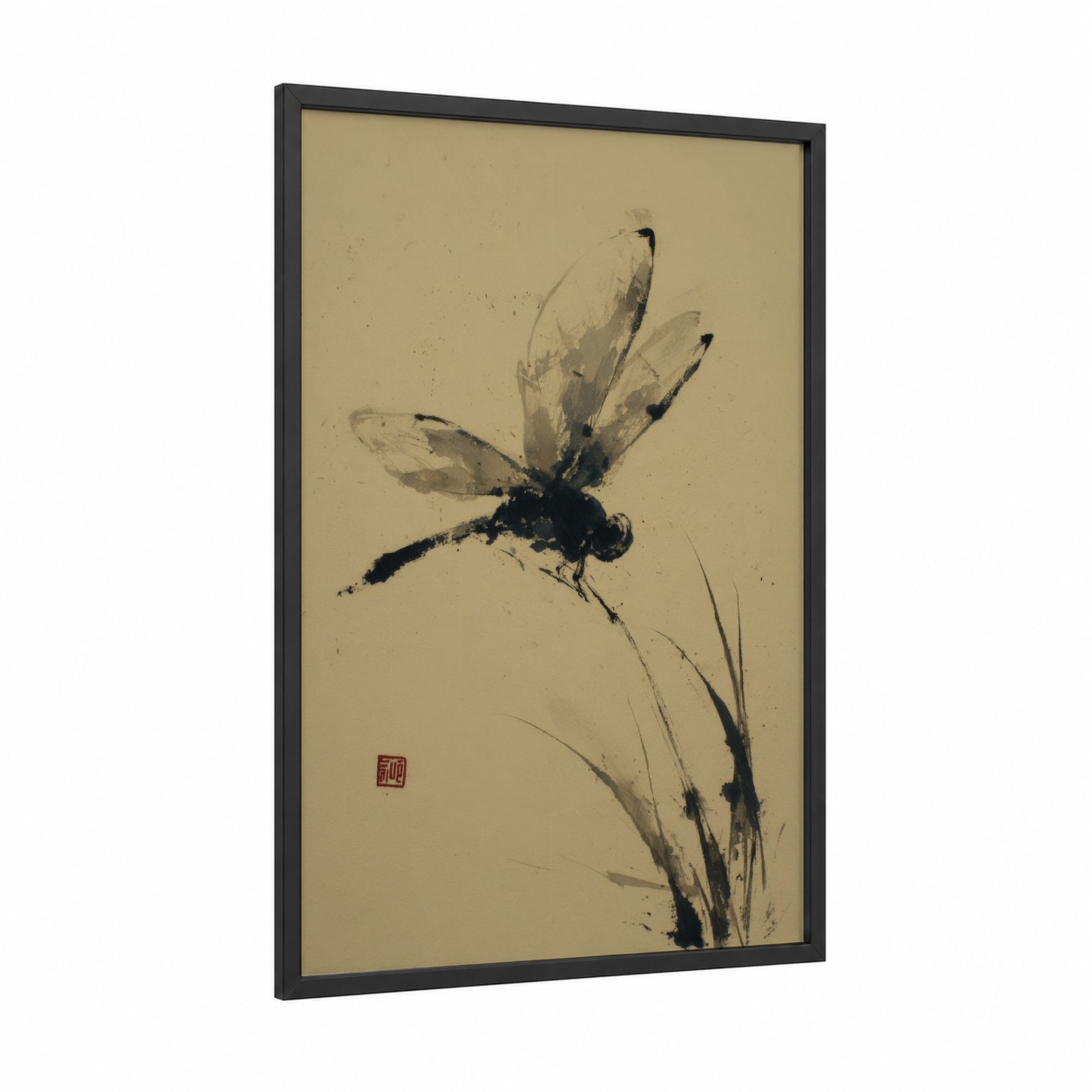 Ink Dragonfly framed art print — black wood frame — black and white and cream palette