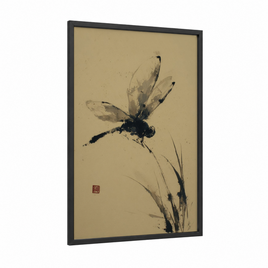 Ink Dragonfly framed art print — black wood frame — black and white and cream palette