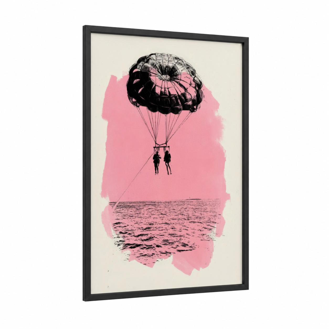 Pink Parasailing Duo framed art print — black wood frame — pink and black palette