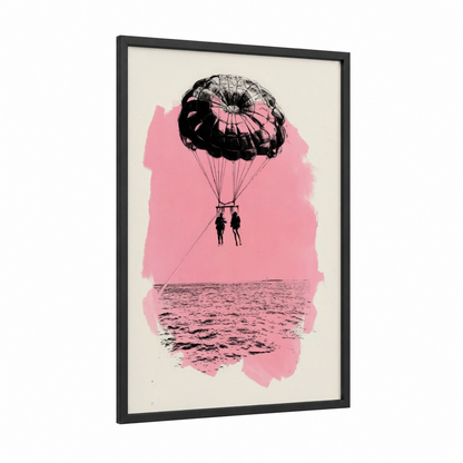 Pink Parasailing Duo framed art print — black wood frame — pink and black palette