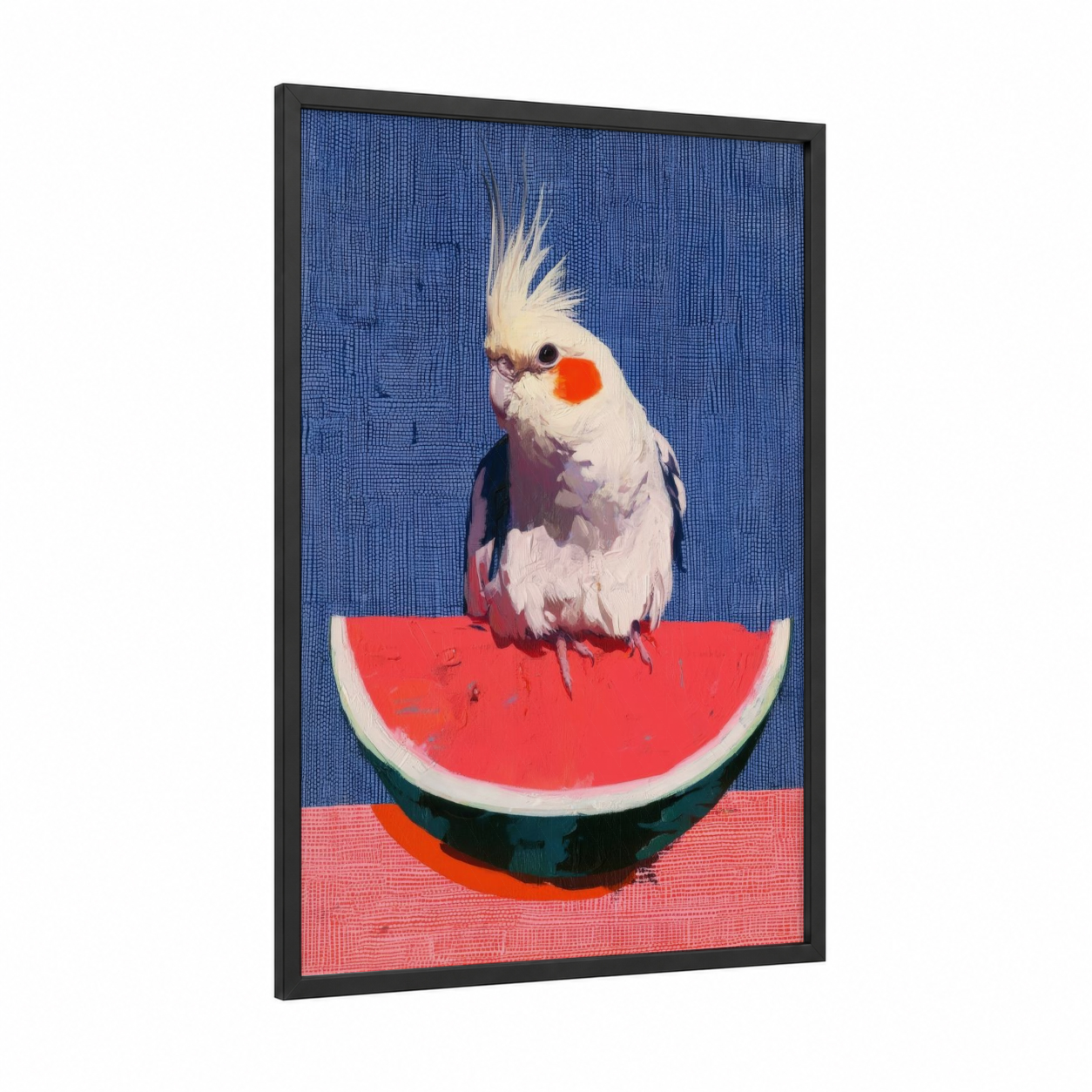 Watermelon Cockatiel framed art print — black wood frame — blue and red palette