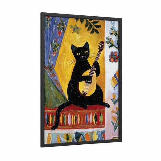 Musical Black Cat framed art print — black wood frame — gold and blue palette