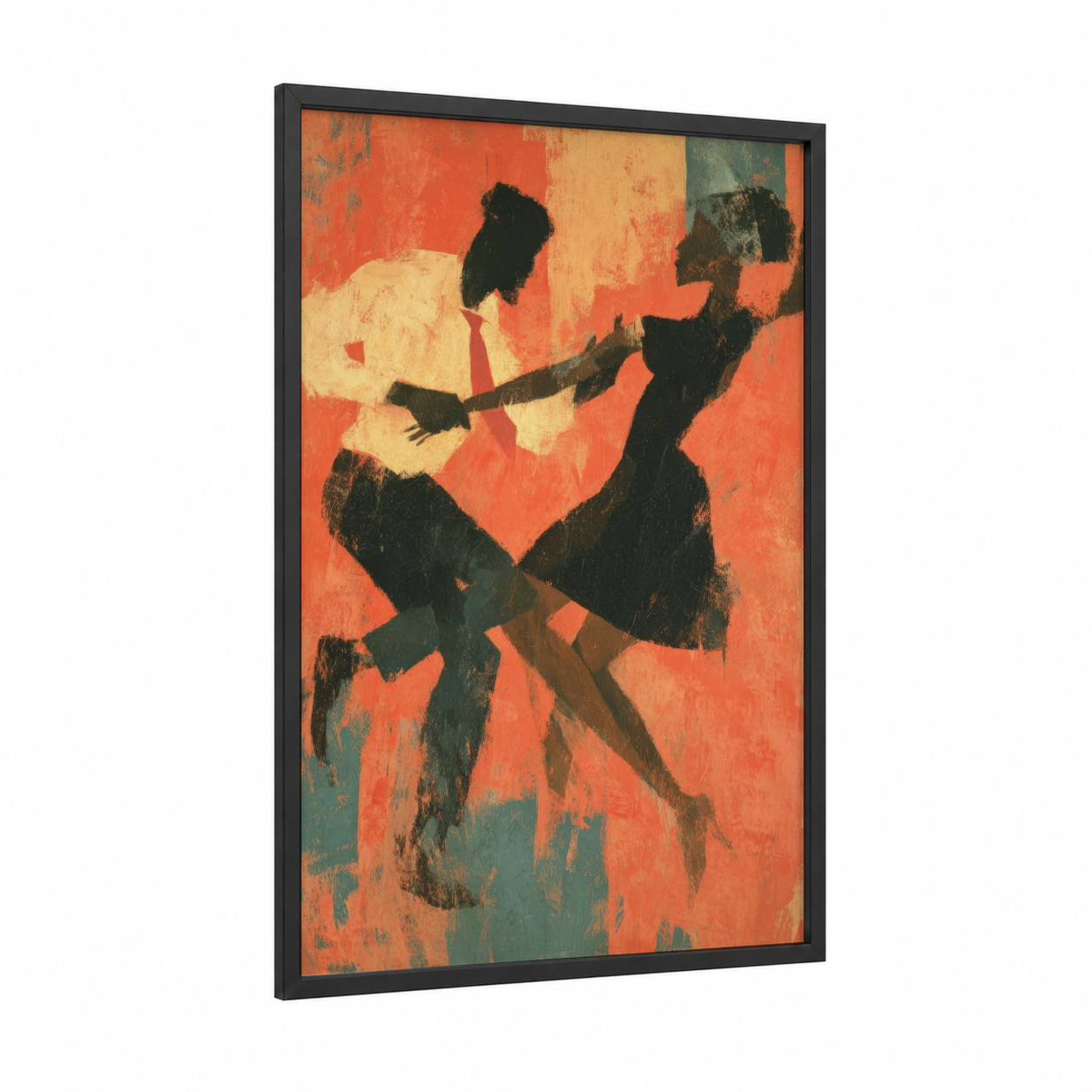 Energetic Swing Duo framed swing dance print — black wood frame — orange and black palette