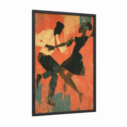Energetic Swing Duo framed swing dance print — black wood frame — orange and black palette