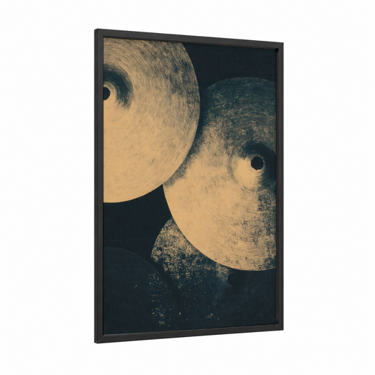 Golden Cymbals framed drums print — black wood frame — gold and black palette