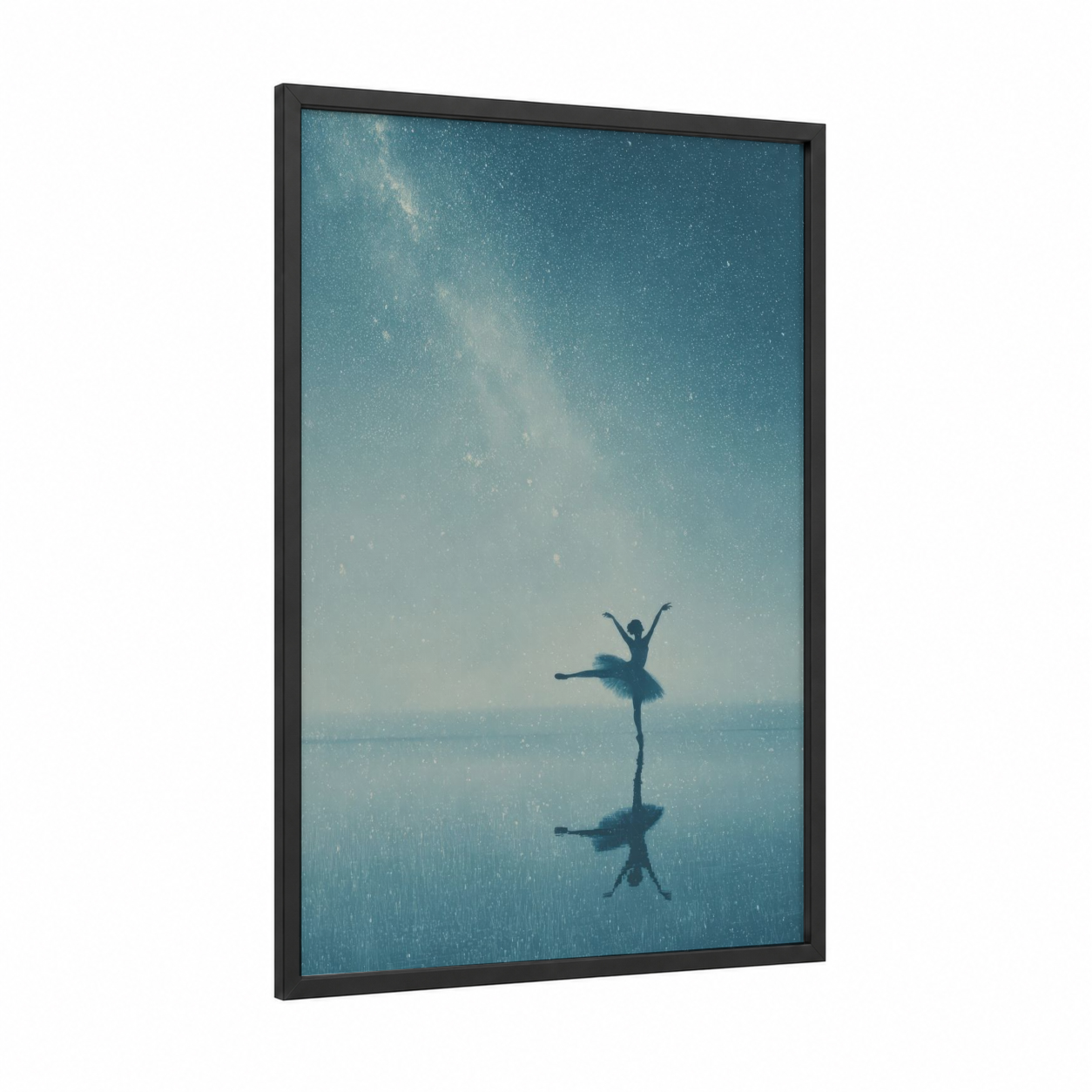 Ethereal Ballet Reflection framed art print — black wood frame — teal and white palette