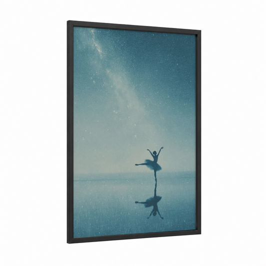 Ethereal Ballet Reflection framed art print — black wood frame — teal and white palette