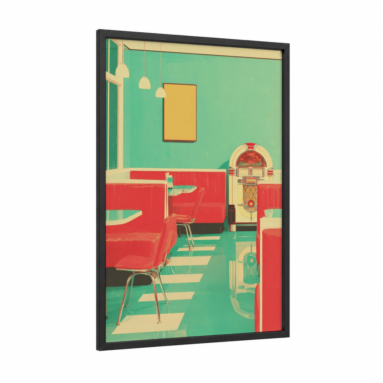 Retro Diner Dream framed retro pop print — black wood frame — teal and red palette