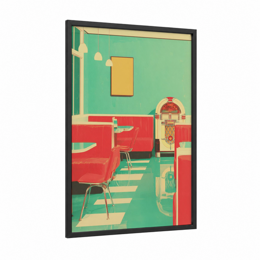 Retro Diner Dream framed retro pop print — black wood frame — teal and red palette