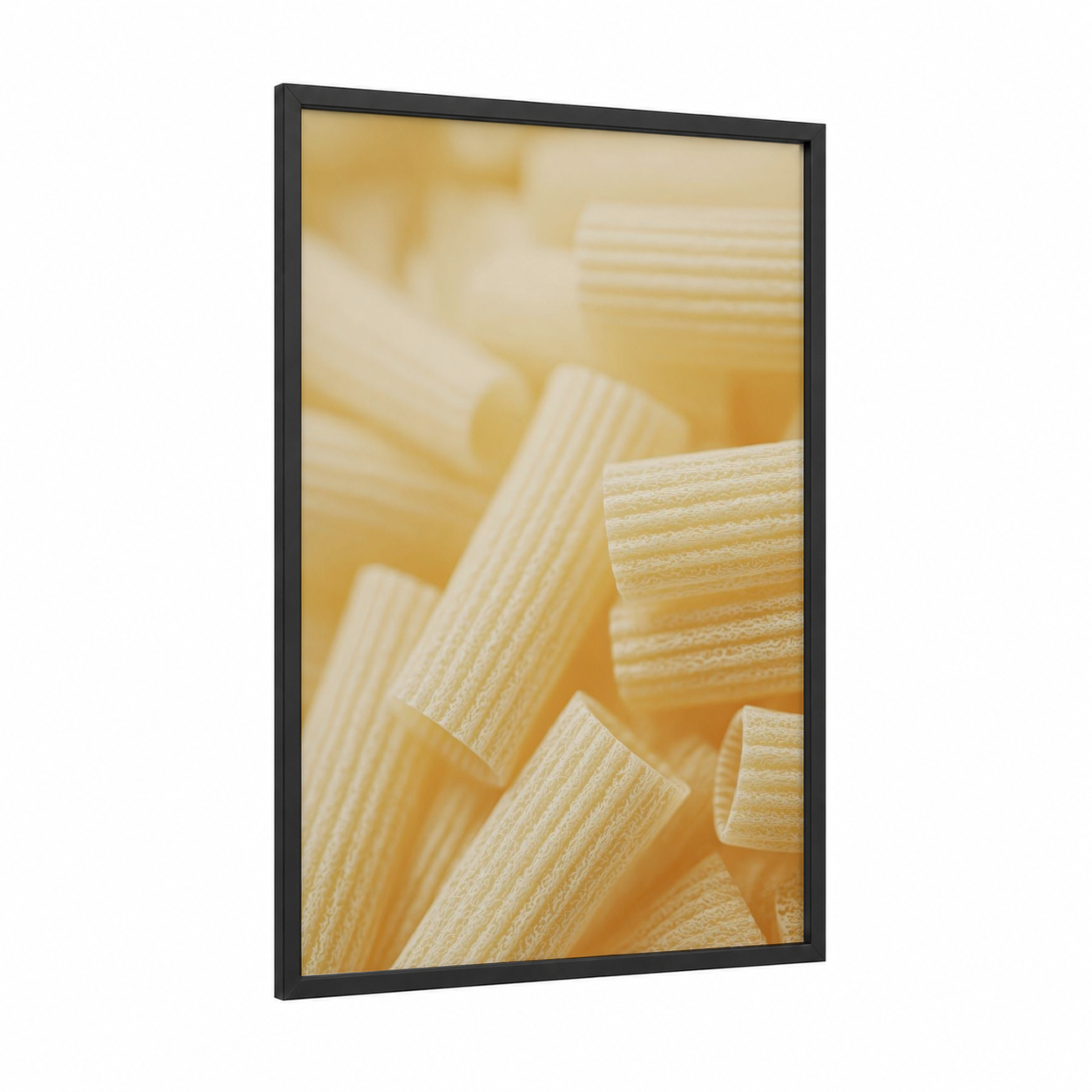 Penne Pasta Close-up framed art print — black wood frame — gold and cream palette