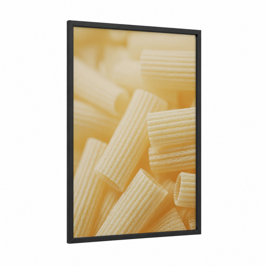 Penne Pasta Close-up framed art print — black wood frame — gold and cream palette