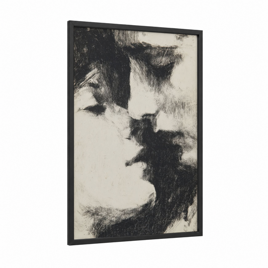 Intimate Embrace framed couple print — black wood frame — black and white palette