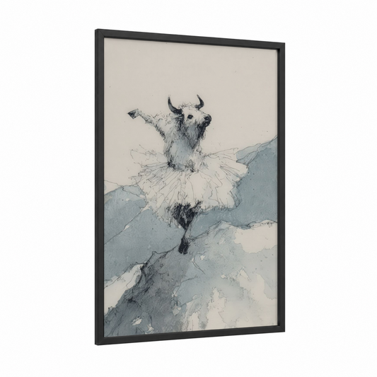 Ballet Yak framed art print — black wood frame — gray and white and sage green palette