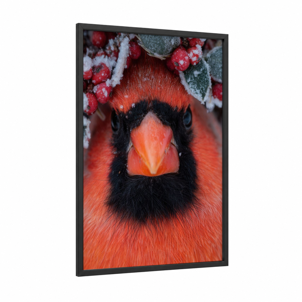 Snowy Cardinal framed art print — black wood frame — red and white palette