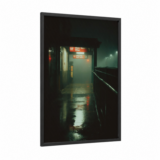 Rainy Subway Station framed art print — black wood frame — black and gold and dark blue palette