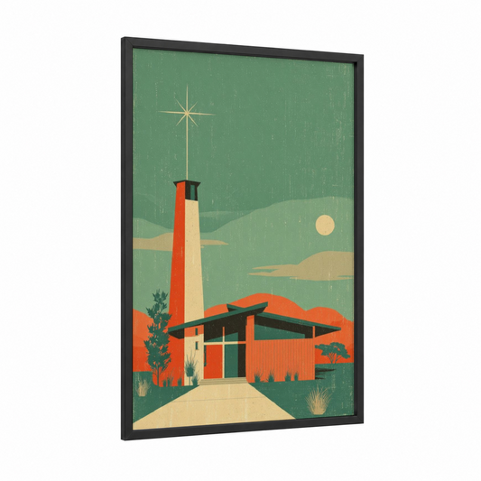 Beacon Chapel Dusk framed towers print — black wood frame — sage green and gold palette
